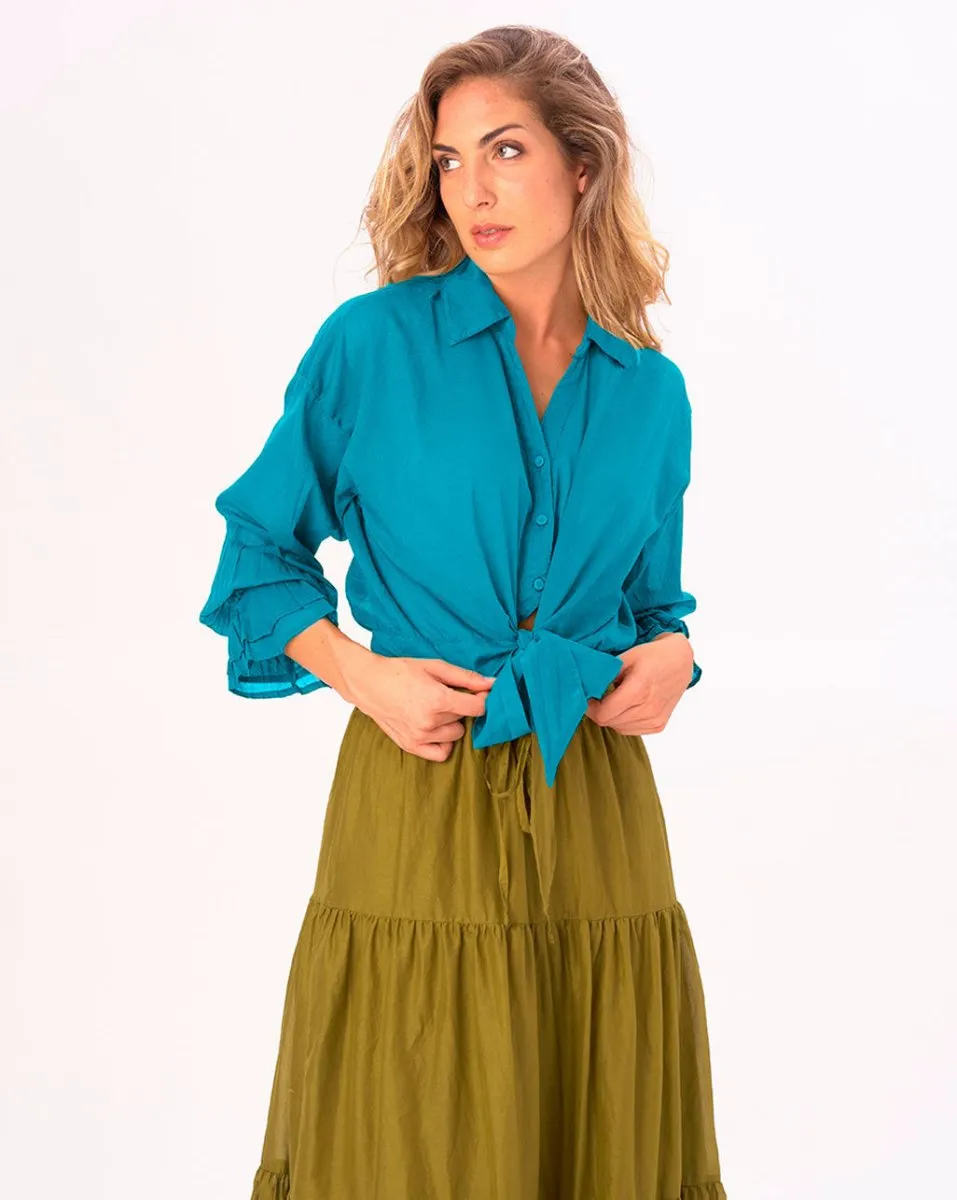 Tie Waist Cotton Button Up Shirt
