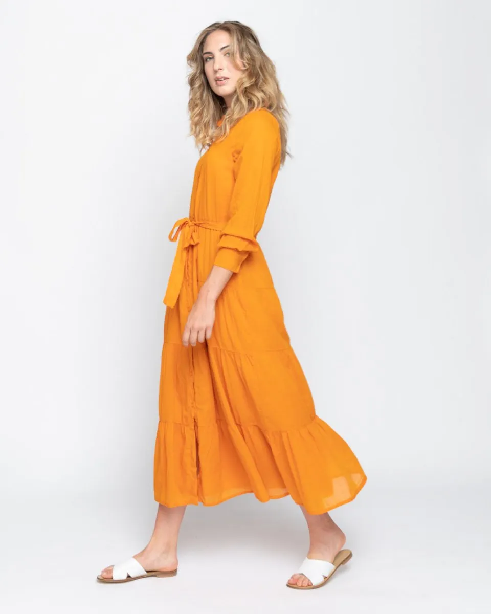 Tie-Waist Tiered Button-Up Shirtdress