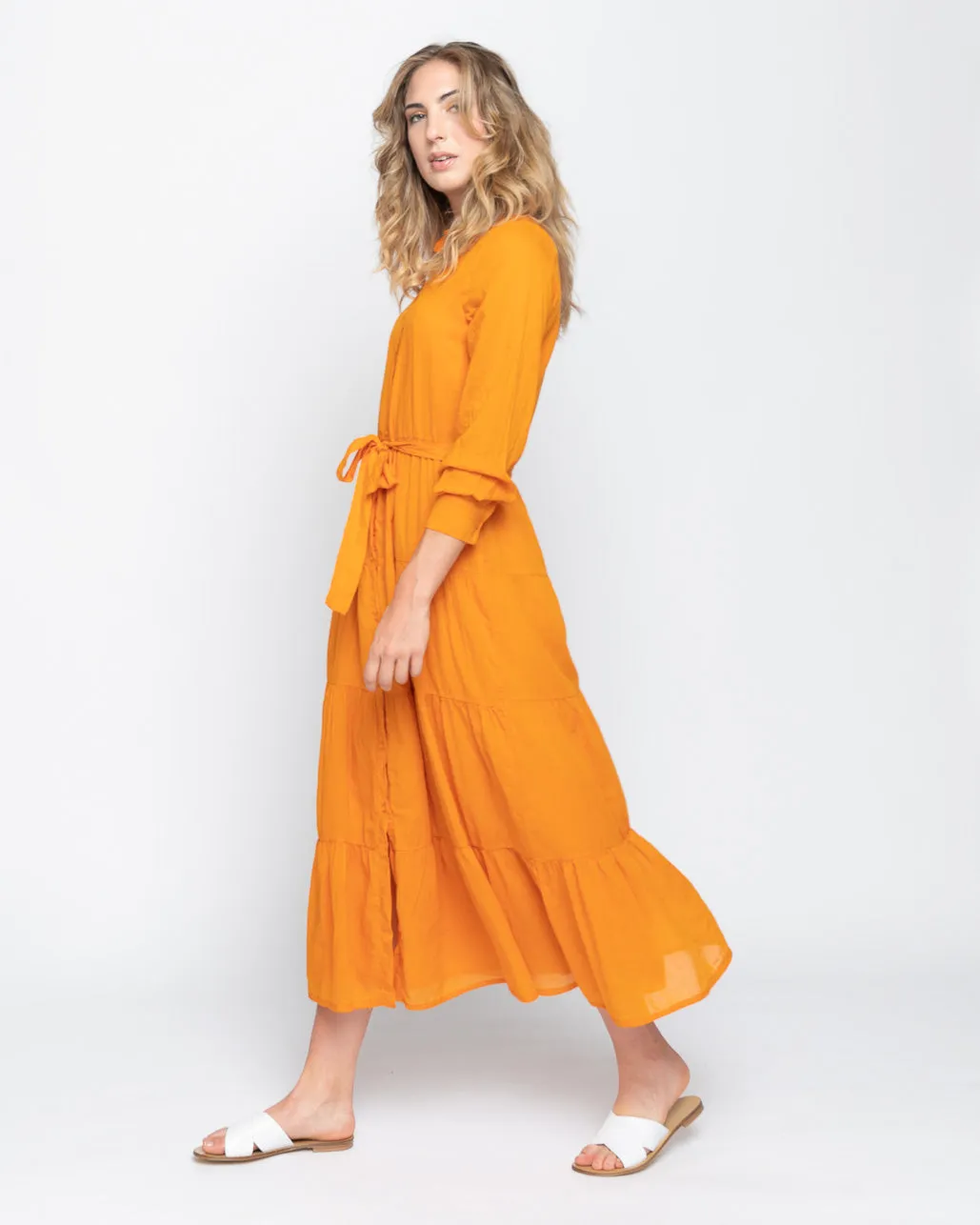 Tie-Waist Tiered Button-Up Shirtdress
