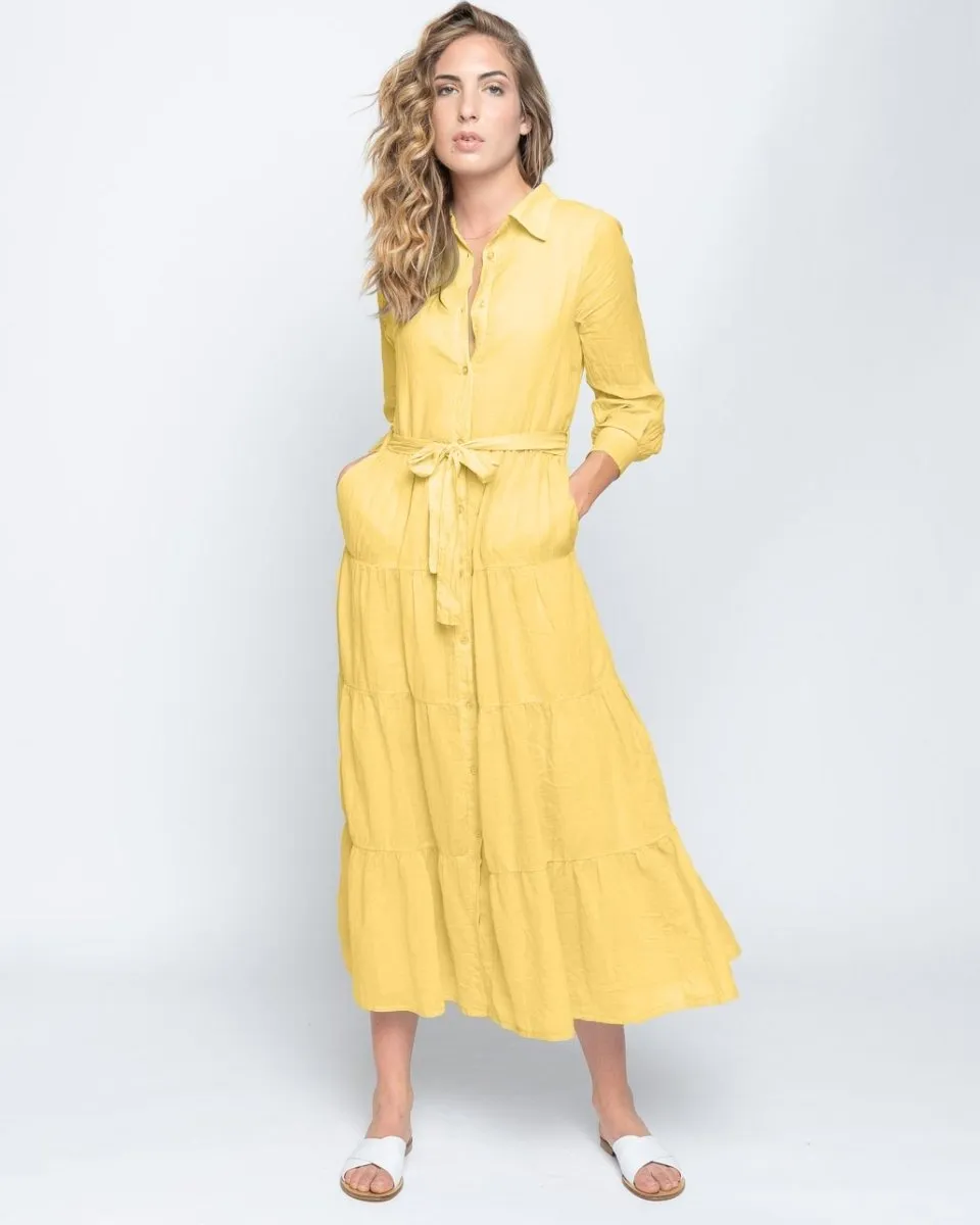 Tie-Waist Tiered Button-Up Shirtdress