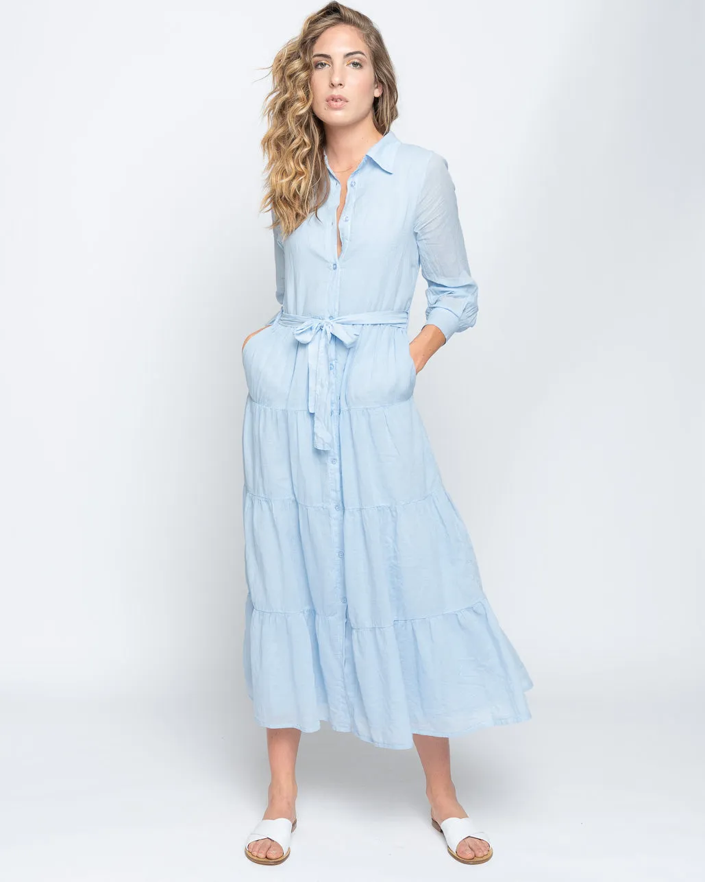 Tie-Waist Tiered Button-Up Shirtdress