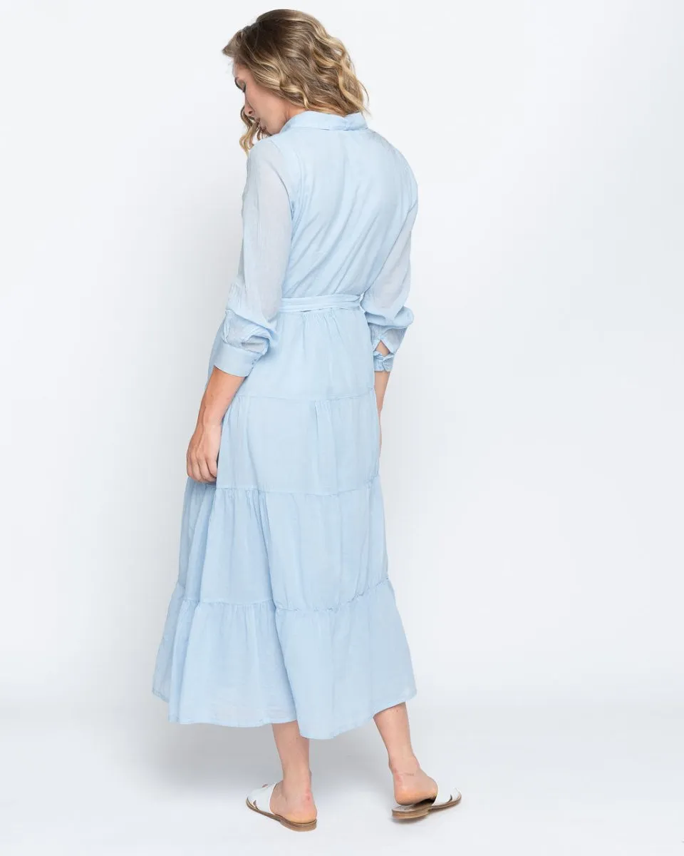 Tie-Waist Tiered Button-Up Shirtdress
