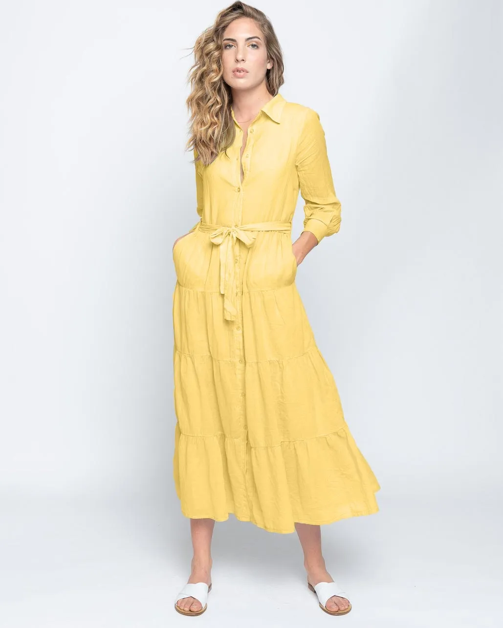 Tie-Waist Tiered Button-Up Shirtdress