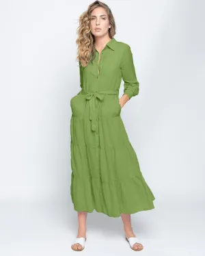 Tie-Waist Tiered Button-Up Shirtdress