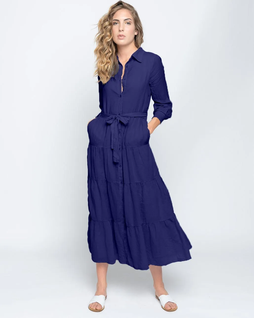 Tie-Waist Tiered Button-Up Shirtdress