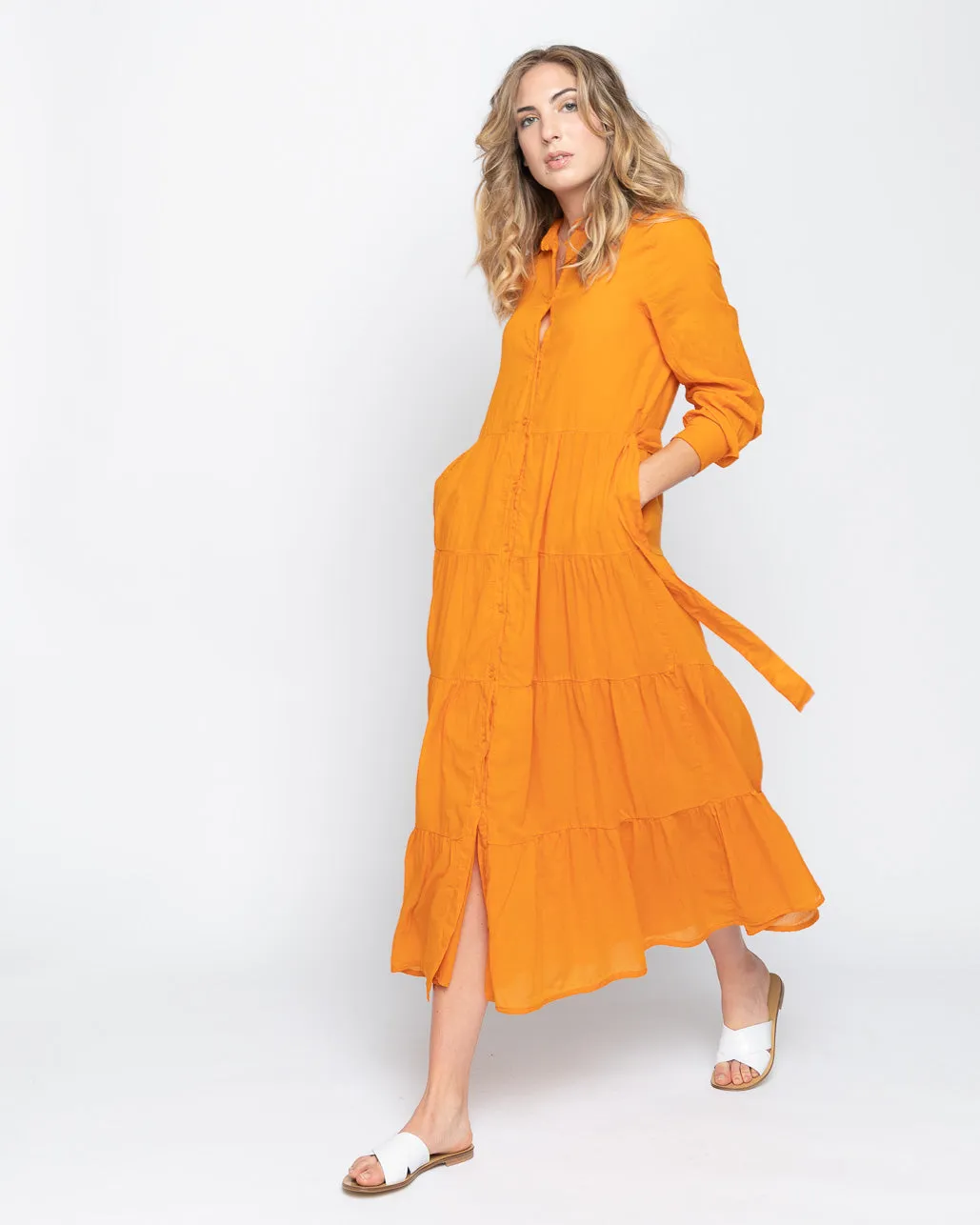 Tie-Waist Tiered Button-Up Shirtdress