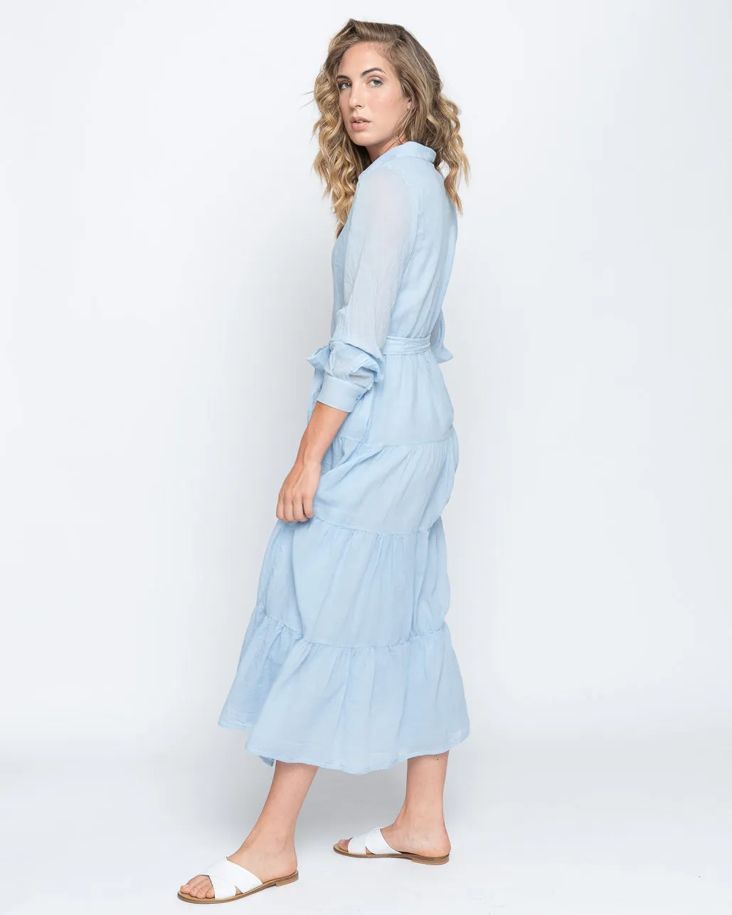 Tie-Waist Tiered Button-Up Shirtdress