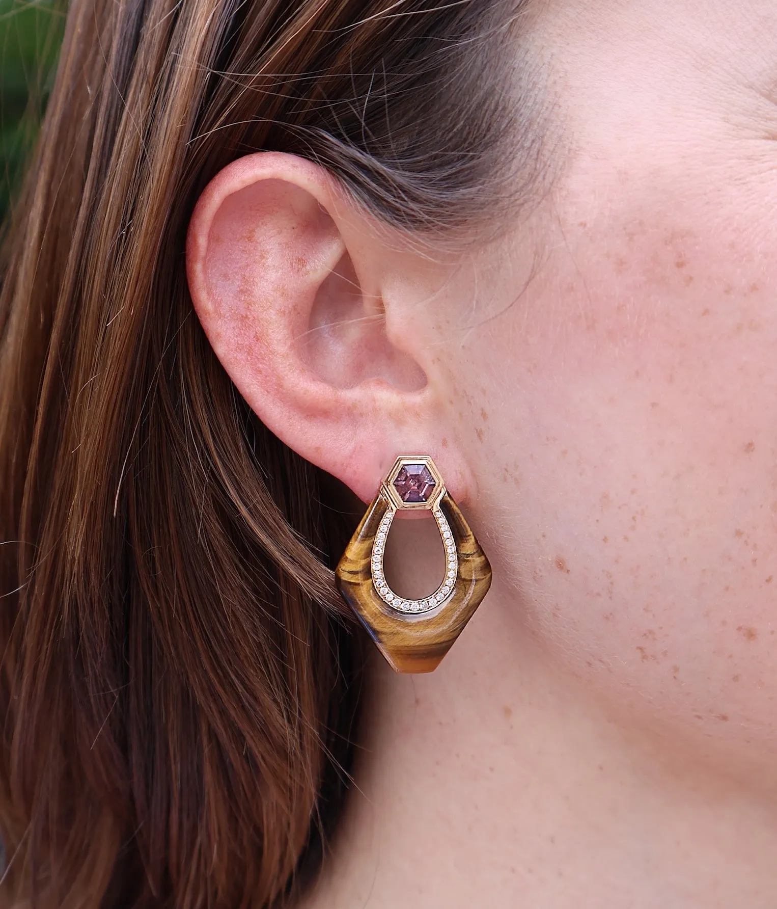 Tiger's Eye Nomad Doorknocker Earrings with Pink Spinel