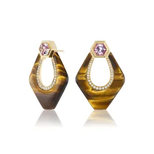 Tiger's Eye Nomad Doorknocker Earrings with Pink Spinel