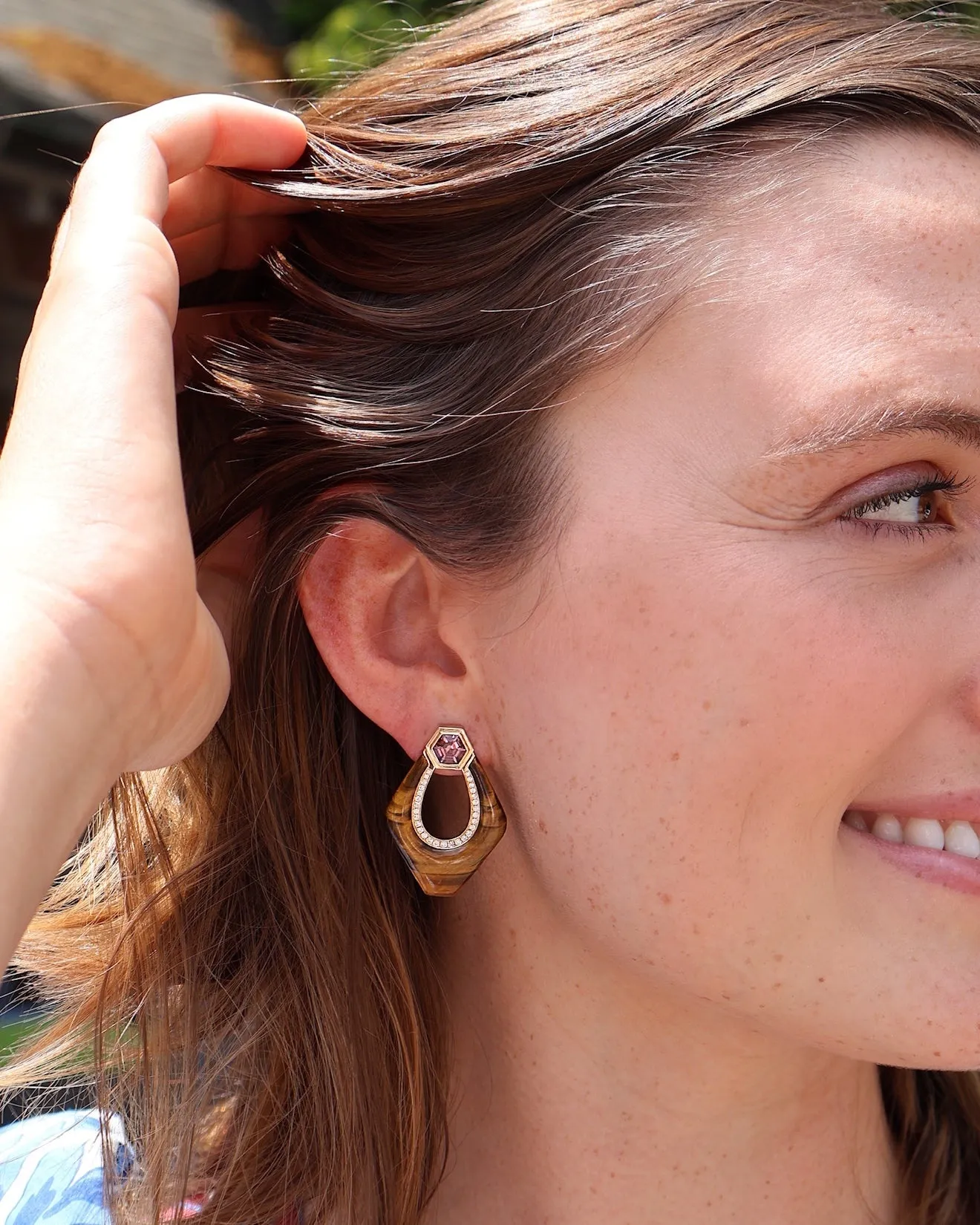 Tiger's Eye Nomad Doorknocker Earrings with Pink Spinel