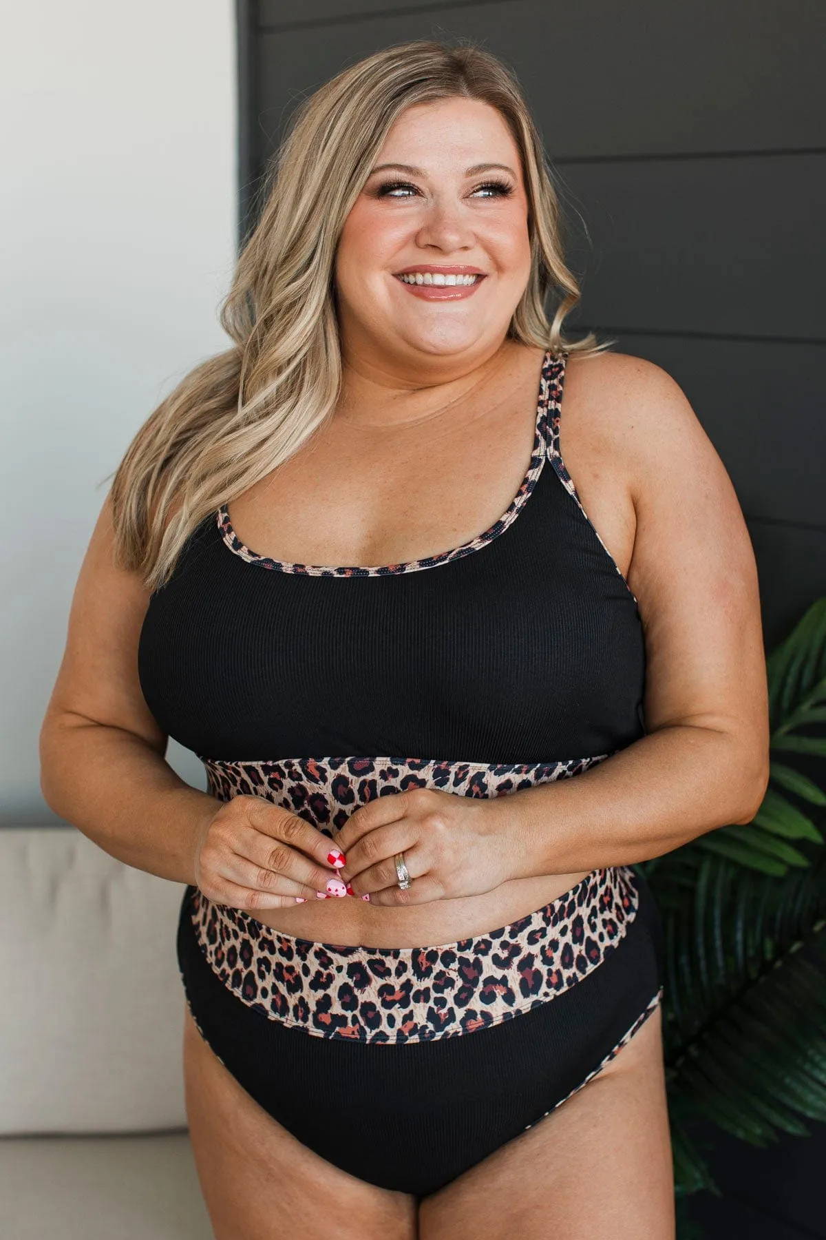 Tropical Destination High-Rise Swim Bottoms- Black & Leopard