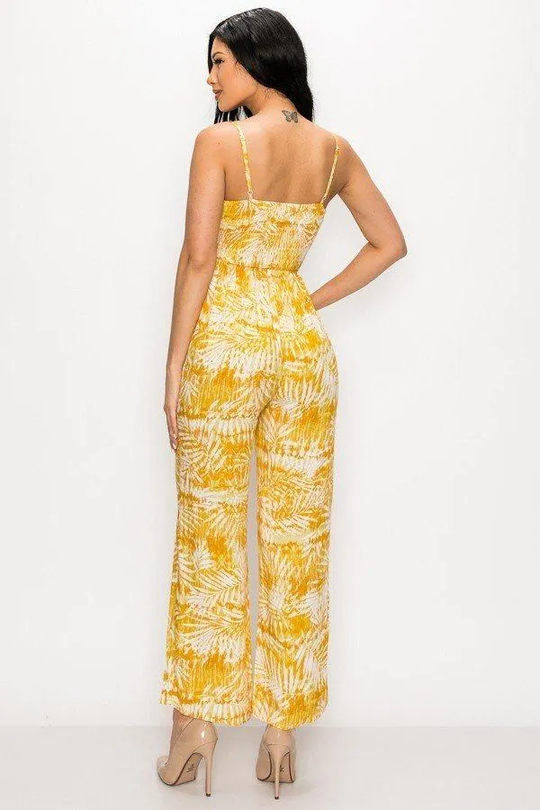 Tropical Leaf Print Tie Waist Jumpsuit