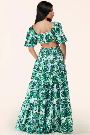TROPICAL LIEAF MAXI DRESS OPEN BACK