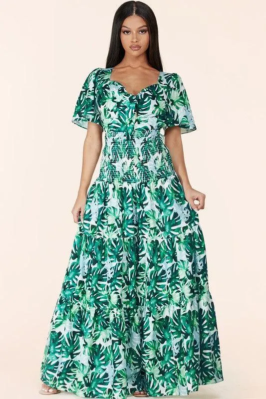 TROPICAL LIEAF MAXI DRESS OPEN BACK