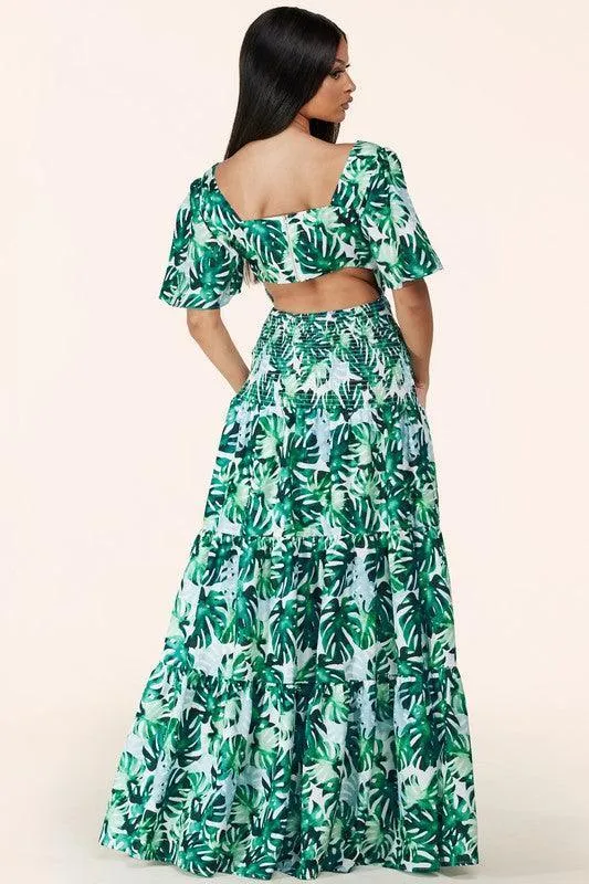 TROPICAL LIEAF MAXI DRESS OPEN BACK