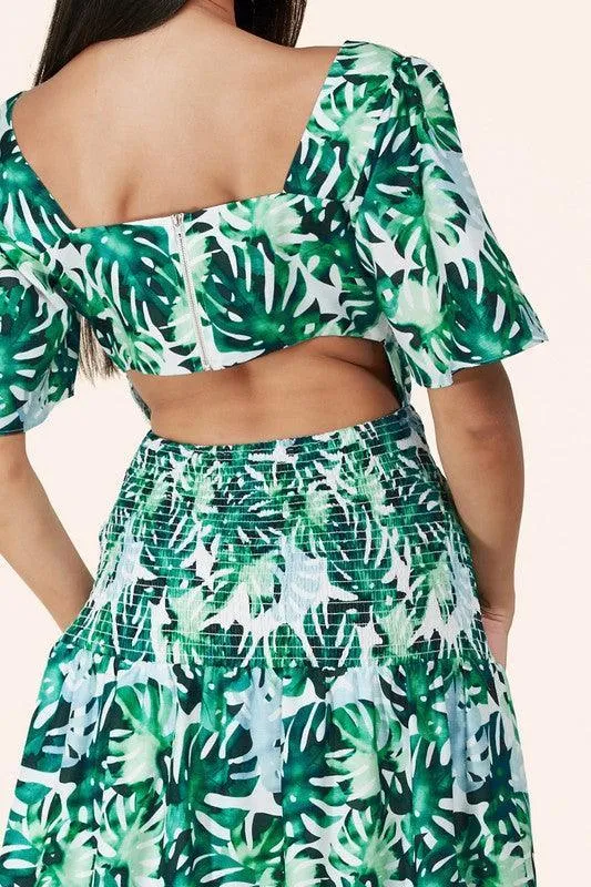 TROPICAL LIEAF MAXI DRESS OPEN BACK