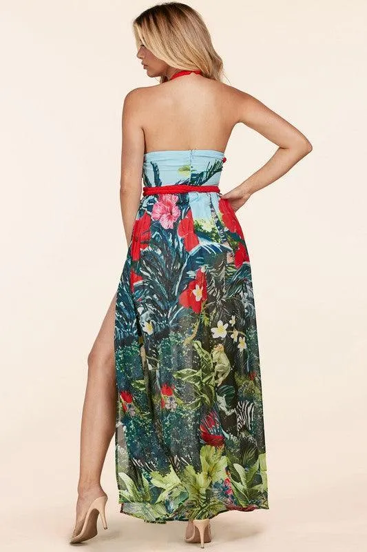 TROPICAL MAXI DRESS WITH BRAIDED RED DETAIL