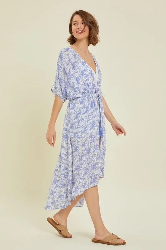 Tropical Print Gauze Kimono with Elastic Waist Tie in Periwinkle