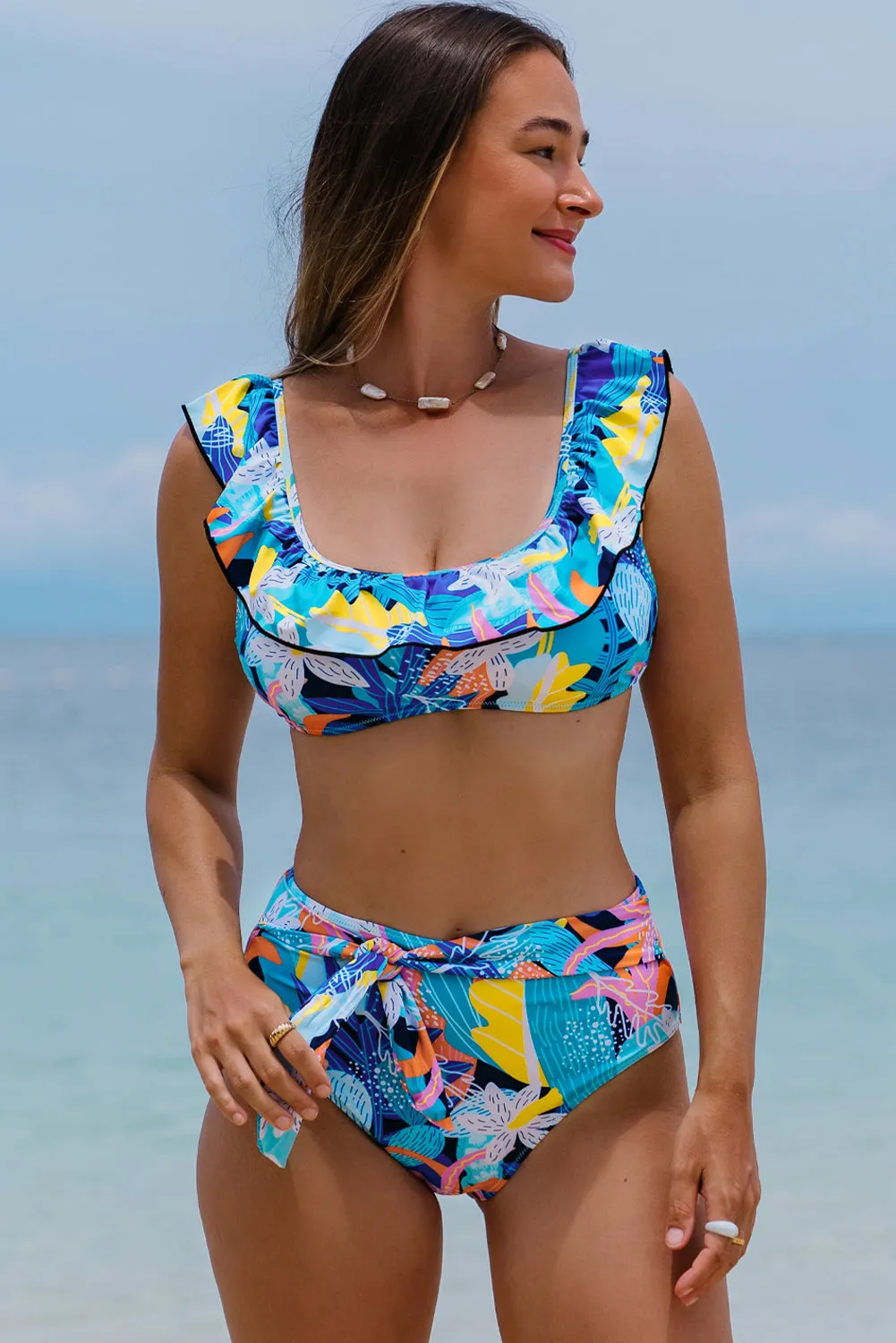 Tropical  Ruffled High Waist Swimsuit