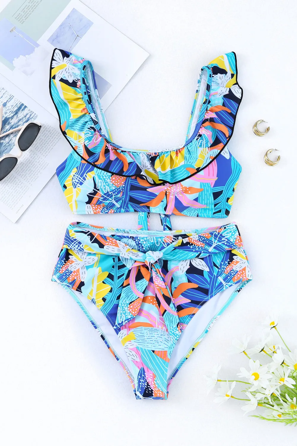 Tropical  Ruffled High Waist Swimsuit