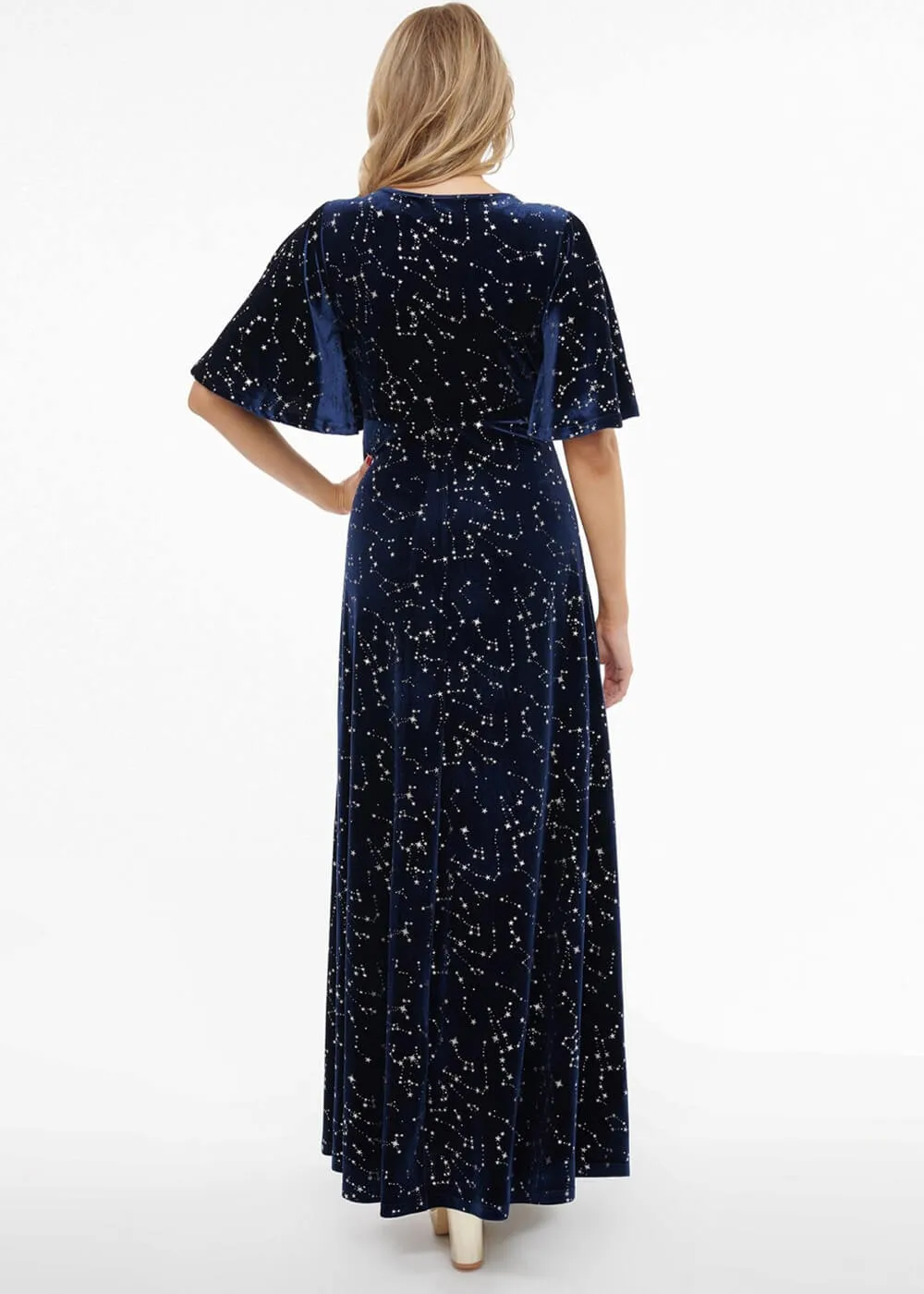 Unique Vintage Smak Parlour Celestial Stars Velvet 70's Maxi Dress Blue