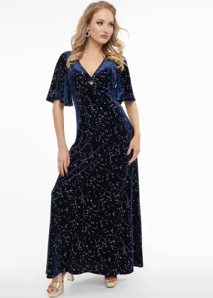Unique Vintage Smak Parlour Celestial Stars Velvet 70's Maxi Dress Blue