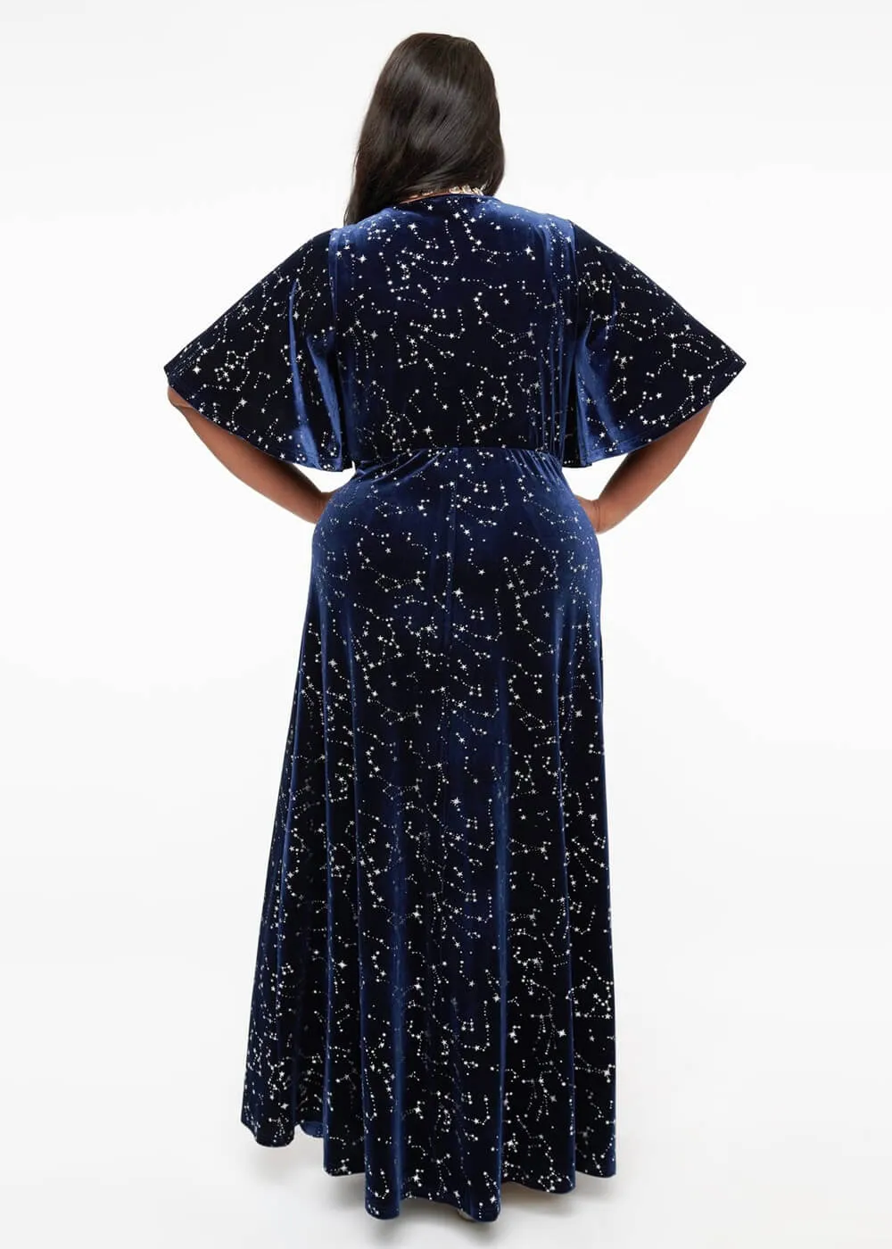 Unique Vintage Smak Parlour Celestial Stars Velvet 70's Maxi Dress Blue