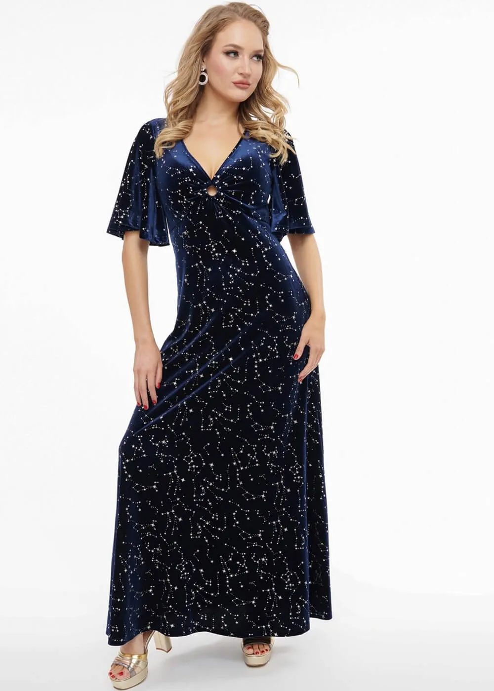 Unique Vintage Smak Parlour Celestial Stars Velvet 70's Maxi Dress Blue