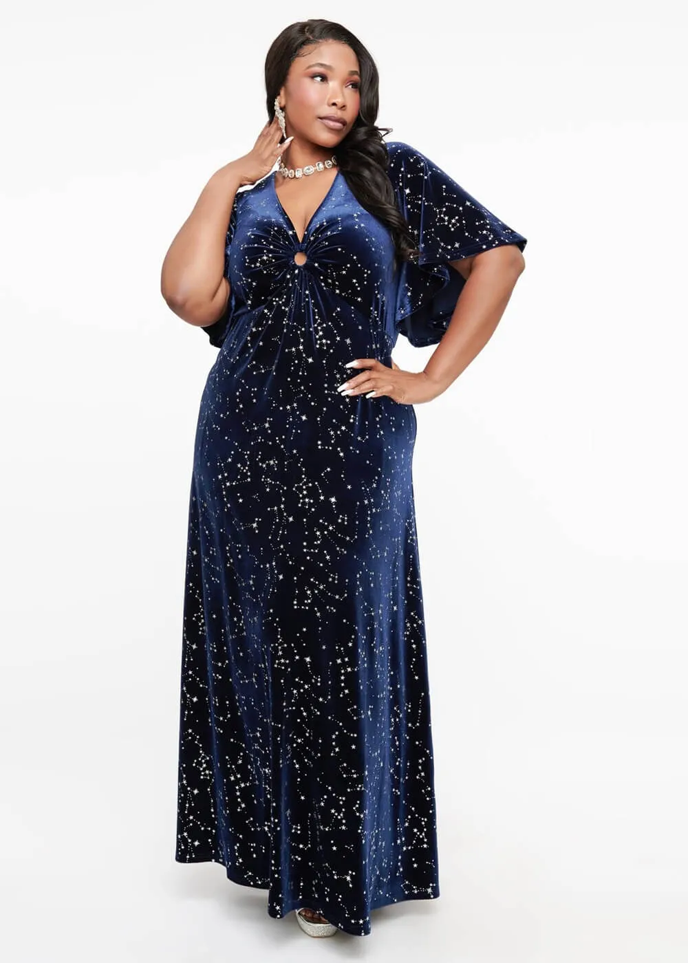 Unique Vintage Smak Parlour Celestial Stars Velvet 70's Maxi Dress Blue
