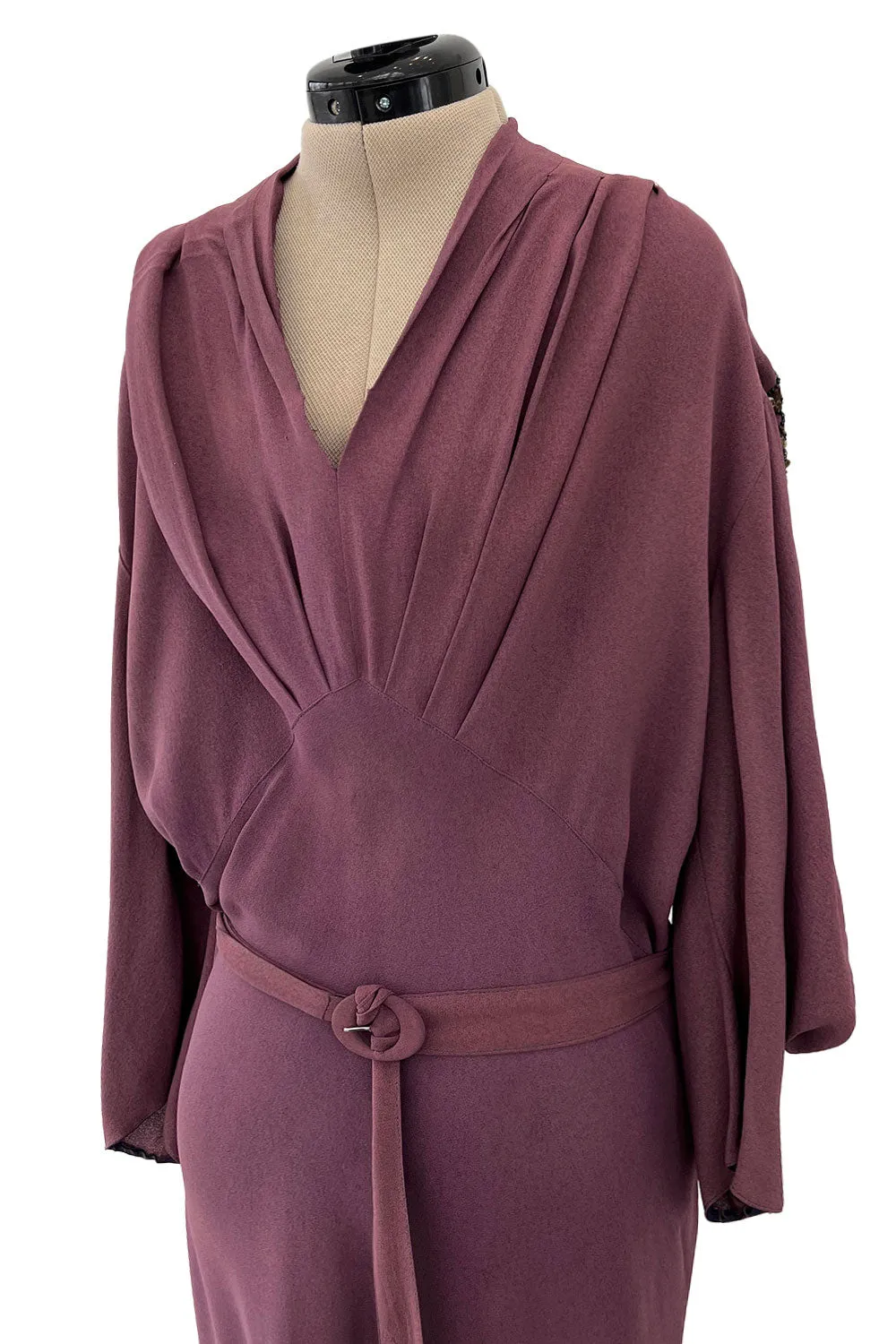 Unusual 1930s Avant Garde Mauve Moss Crepe Dress w Hand Beaded Sleeve Detailings