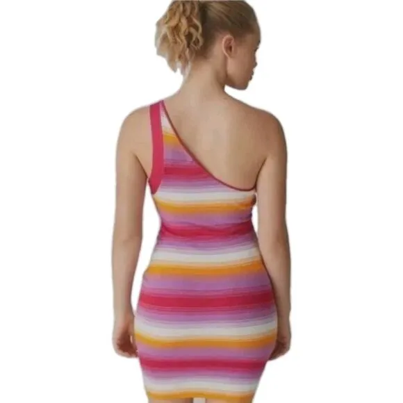 Urban Outfitters Jax One Shoulder Mini Dress XS Tropical Pink Striped Beach $79
