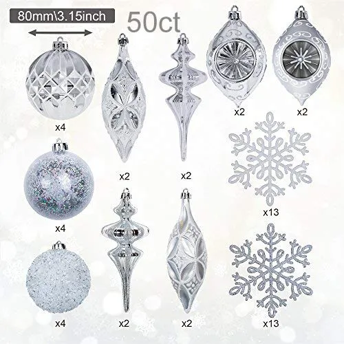 Valery Madelyn 50ct Frozen Winter Silver and White Christmas Ball Ornaments, Shatterproof Christmas Tree Ornaments for Xmas Decoration