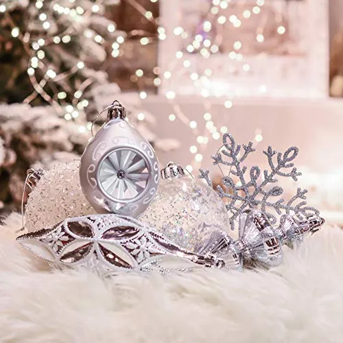 Valery Madelyn 50ct Frozen Winter Silver and White Christmas Ball Ornaments, Shatterproof Christmas Tree Ornaments for Xmas Decoration