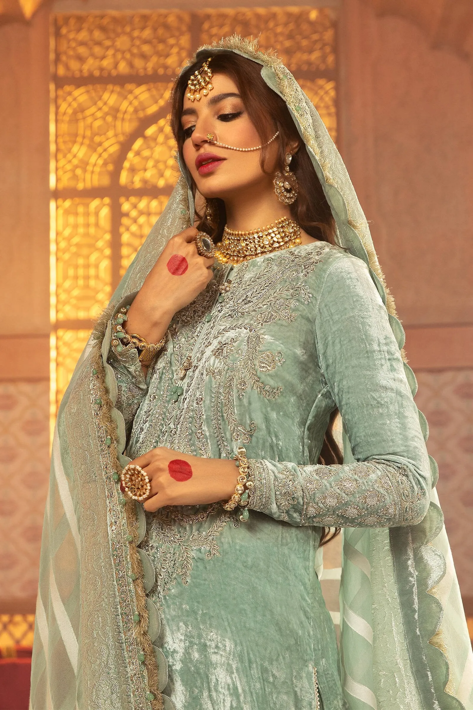 Velvet Kameez Salwar in Soft Sea Green Shade #PF314