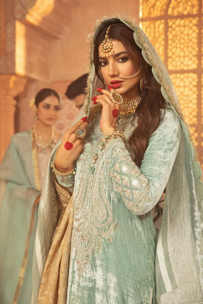 Velvet Kameez Salwar in Soft Sea Green Shade #PF314