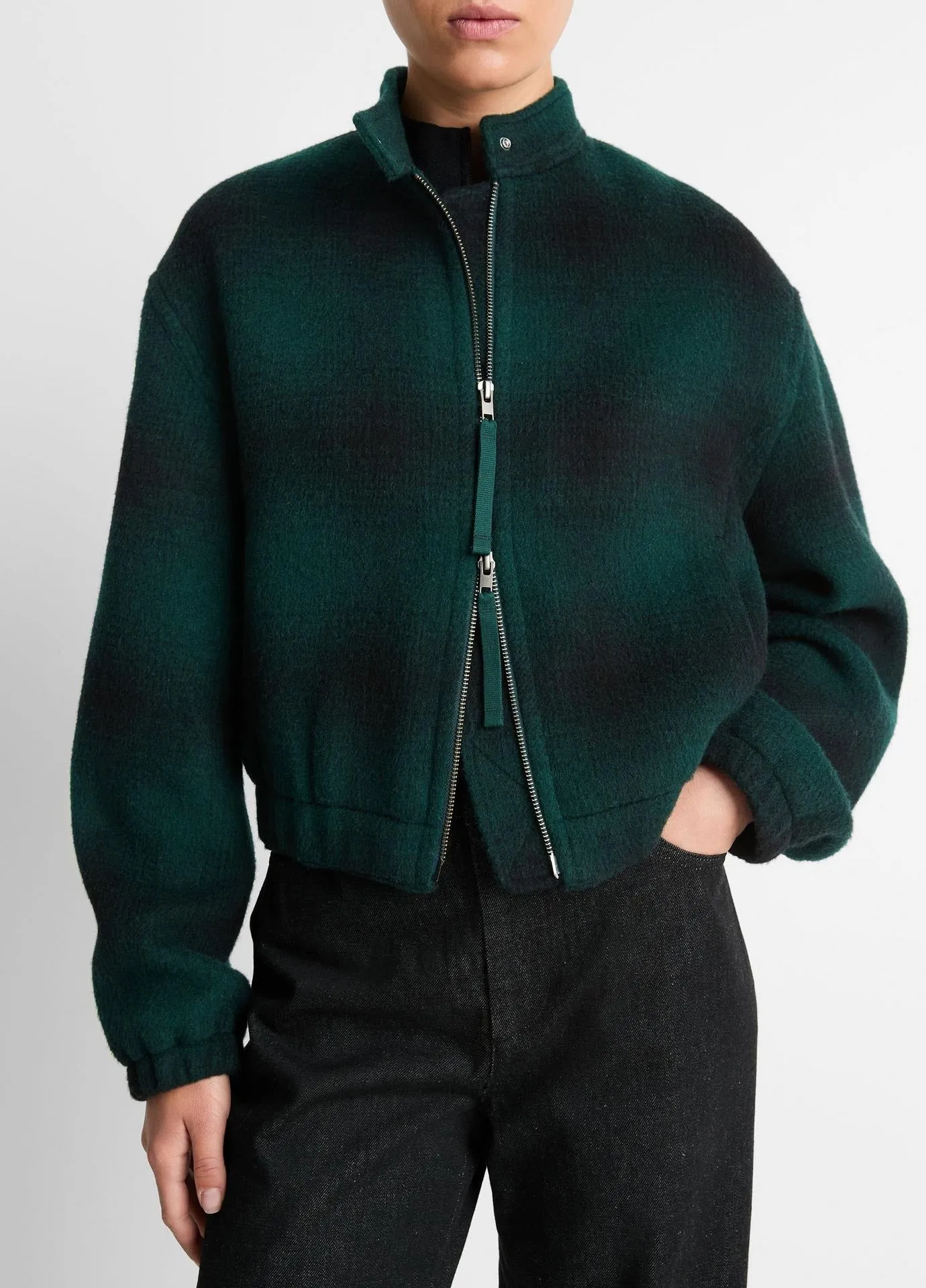Vince Shadow Plaid Bomber in Juniper