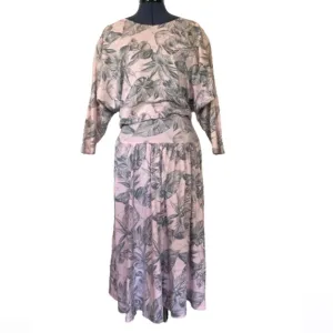 Vintage 80s 90s Coord Set Matching Top and Skirt Light Pink Grey Palm Leaves Med