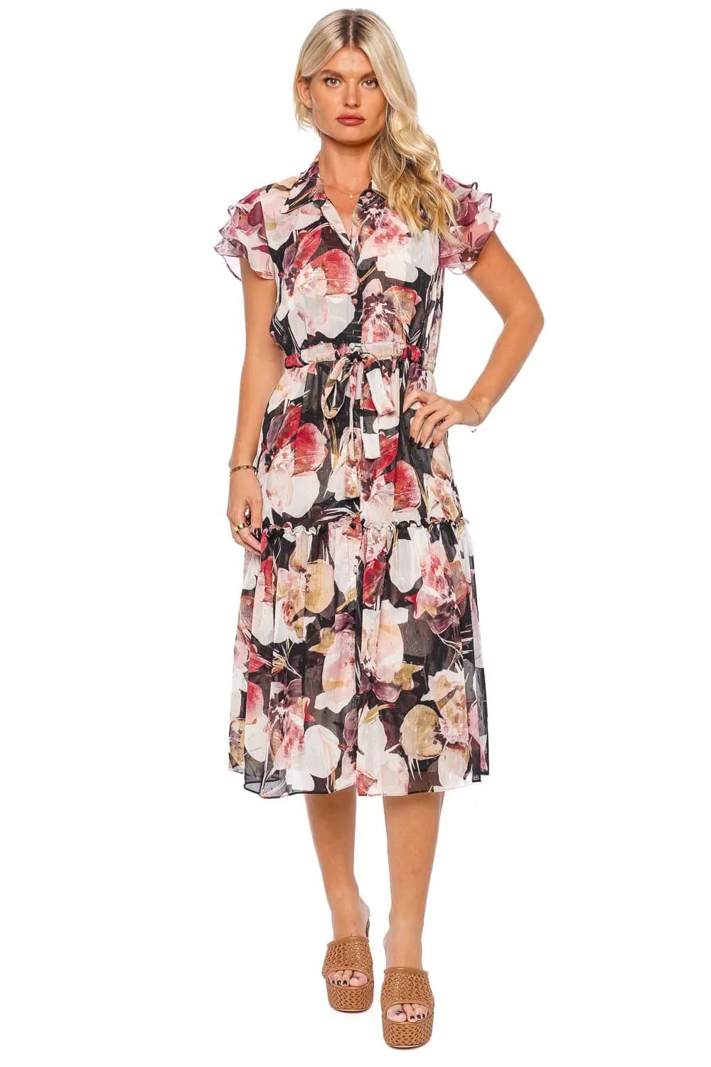Viola Floral Tropical Ruffled Midi Dress