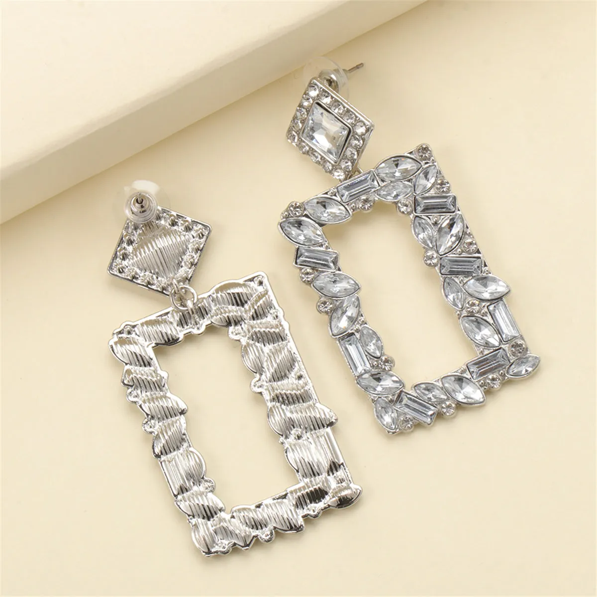 White Crystal & Cubic Zirconia Open Rectangle Drop Earrings