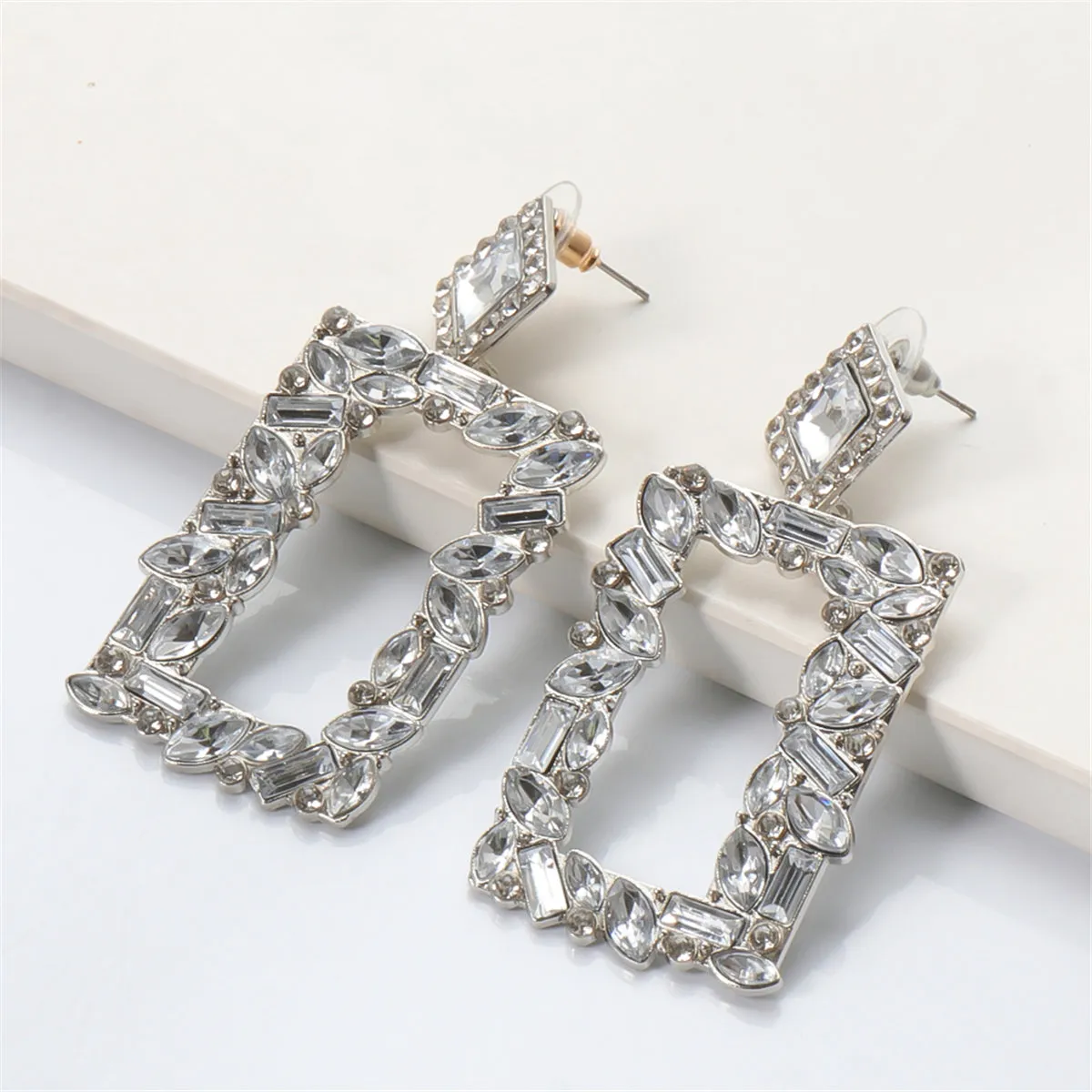 White Crystal & Cubic Zirconia Open Rectangle Drop Earrings