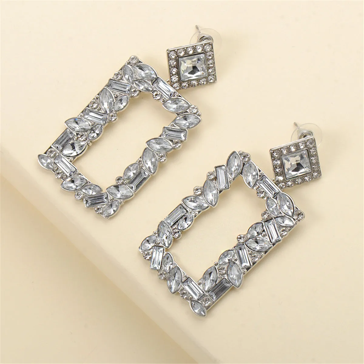 White Crystal & Cubic Zirconia Open Rectangle Drop Earrings