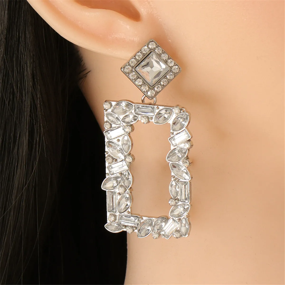White Crystal & Cubic Zirconia Open Rectangle Drop Earrings