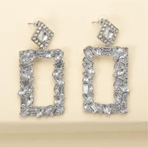 White Crystal & Cubic Zirconia Open Rectangle Drop Earrings