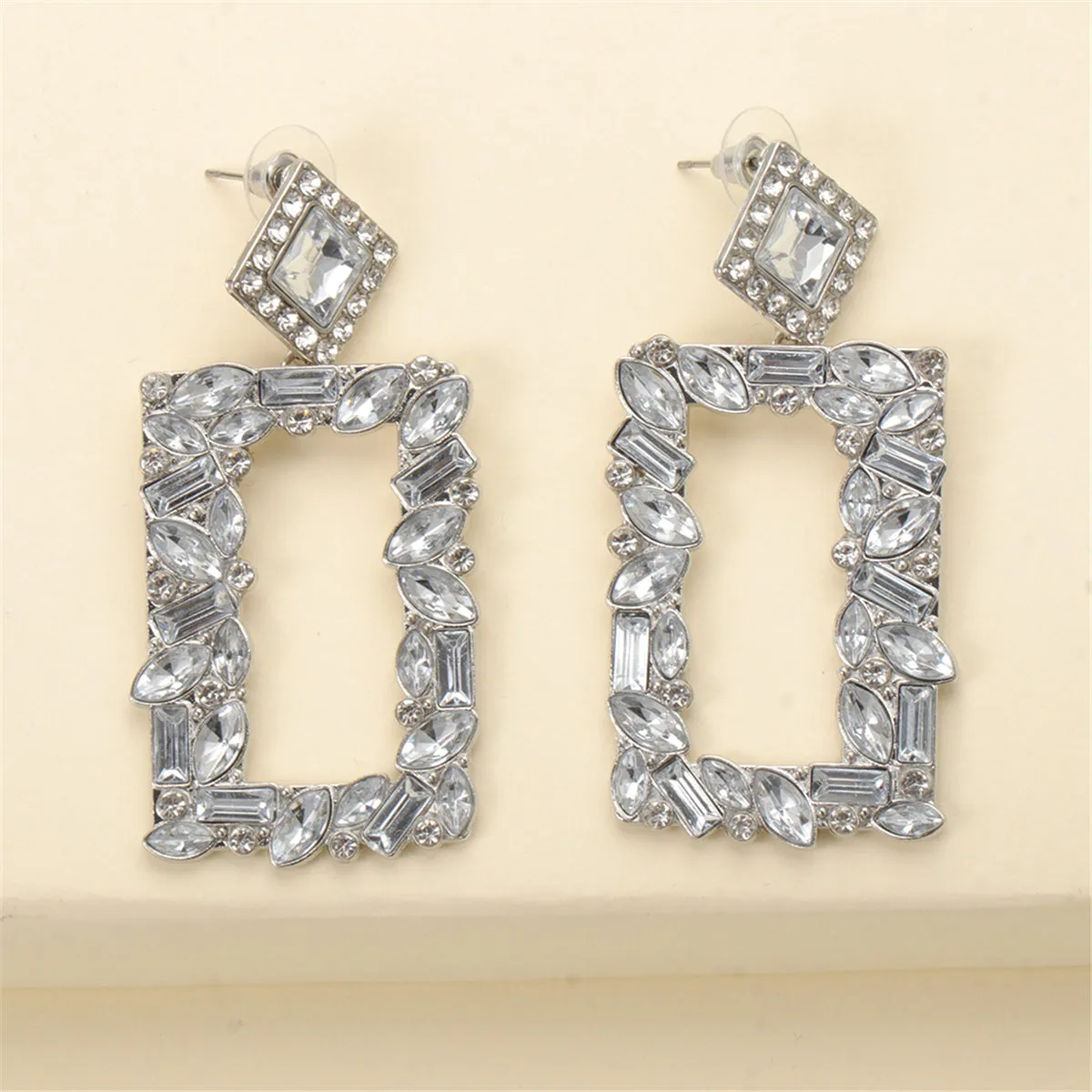 White Crystal & Cubic Zirconia Open Rectangle Drop Earrings