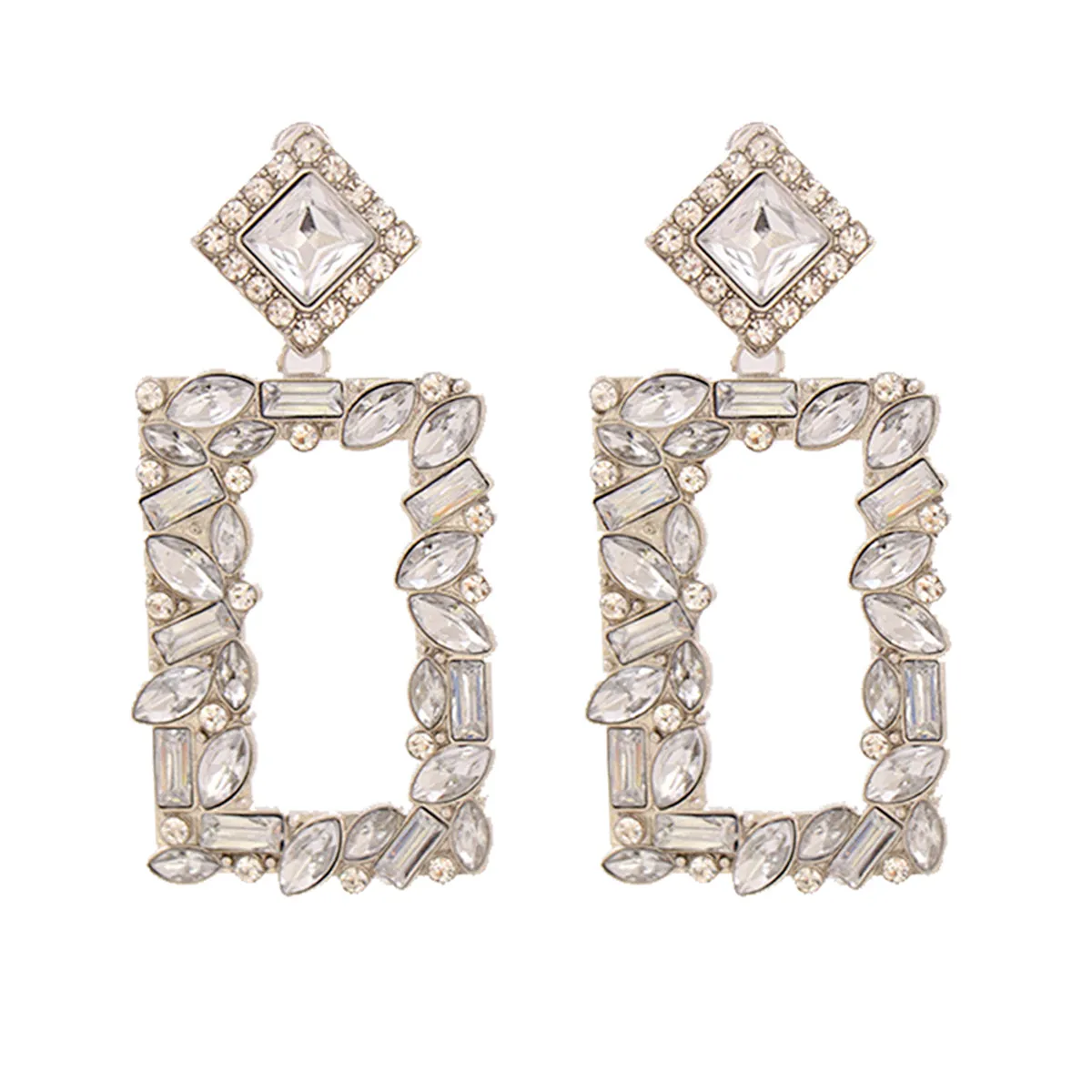 White Crystal & Cubic Zirconia Open Rectangle Drop Earrings