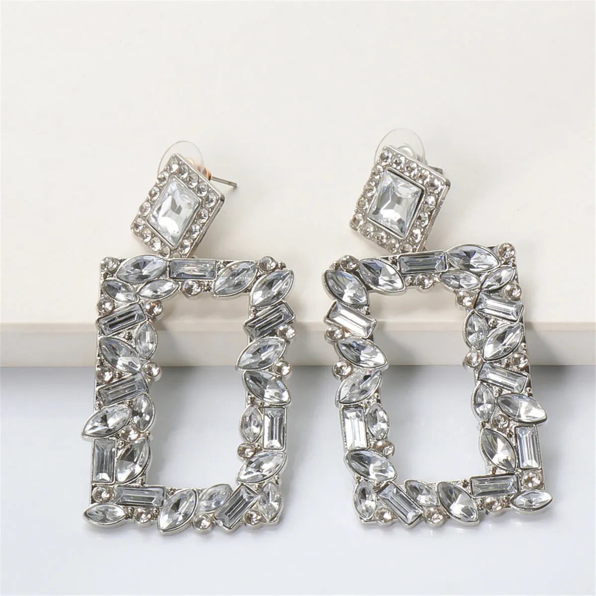 White Crystal & Cubic Zirconia Open Rectangle Drop Earrings
