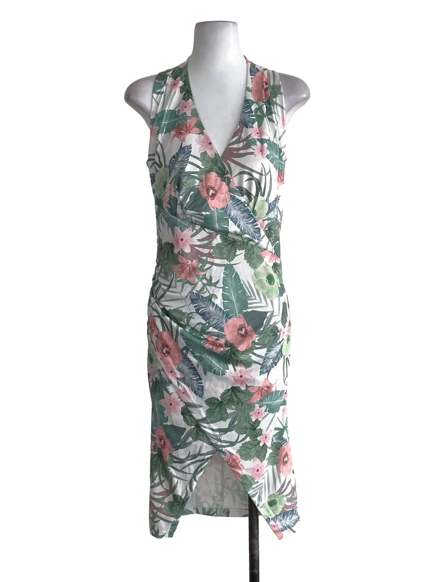 White Tropical Print Halter Front Slit Dress