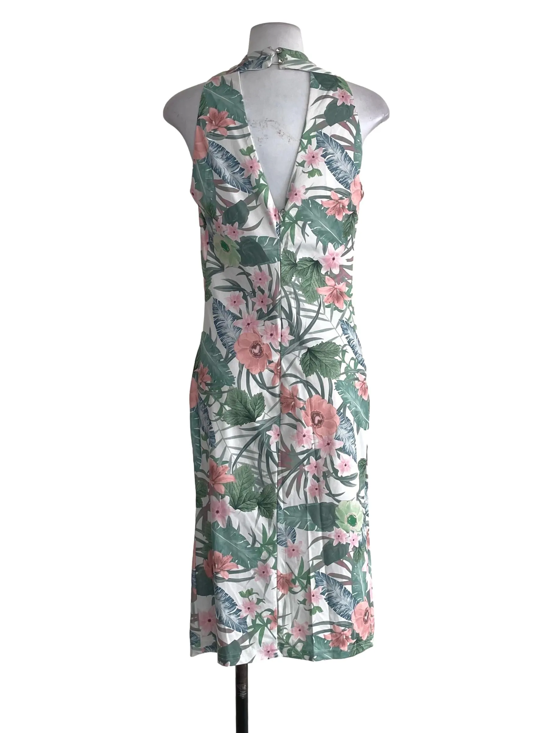 White Tropical Print Halter Front Slit Dress