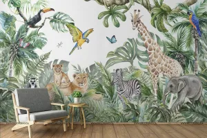 Wild Animals and the Jungle Watercolor Mural Wallpaper