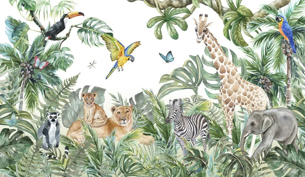 Wild Animals and the Jungle Watercolor Mural Wallpaper